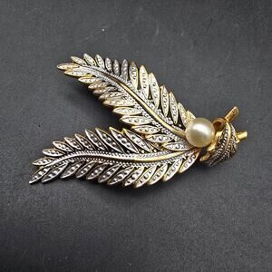 Spanish Damascene Leaf Brooch with Faux Pearl Gold Tone Vintage